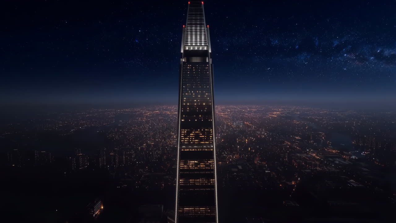 Modern Skyscraper Towering Over City at Night Under Starry Sky