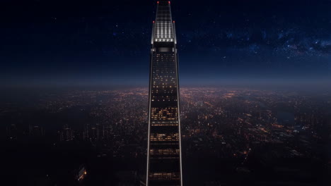 modern skyscraper towering over city at night under starry sky