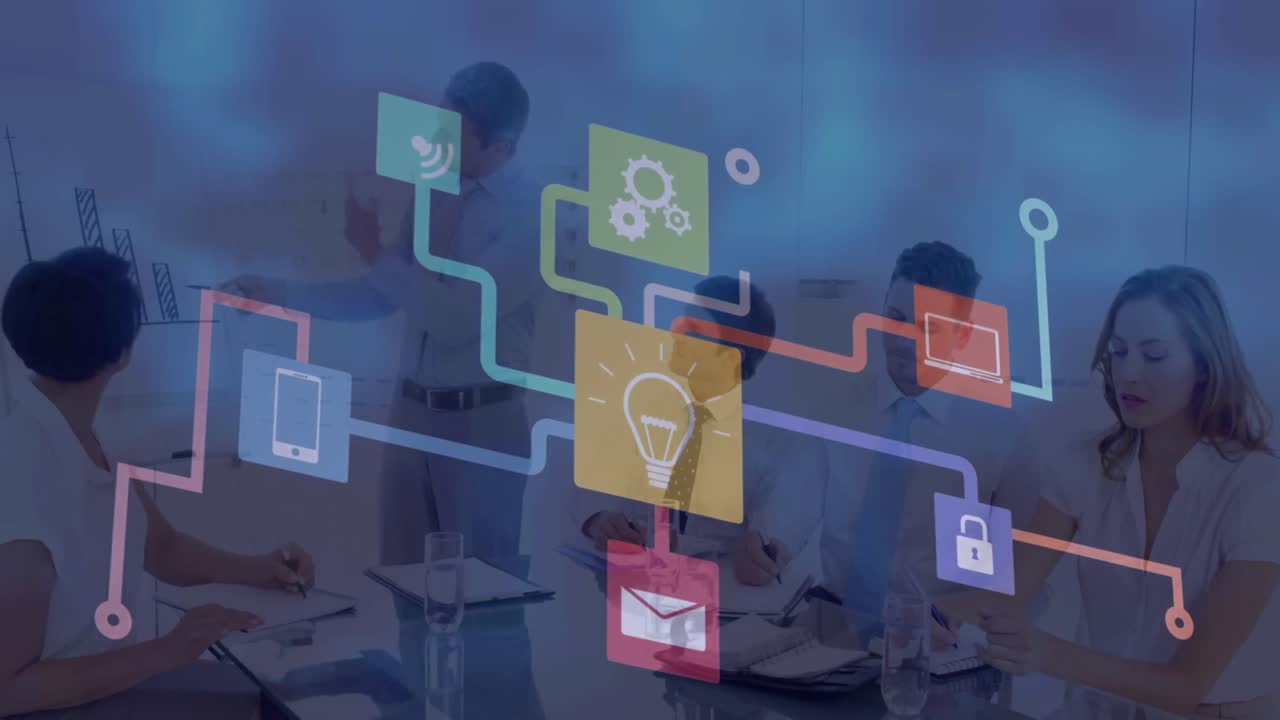 다양한 사업가들이 사무실에서 화이트보드에서 토론하는 아이콘 네트워크의 애니메이션