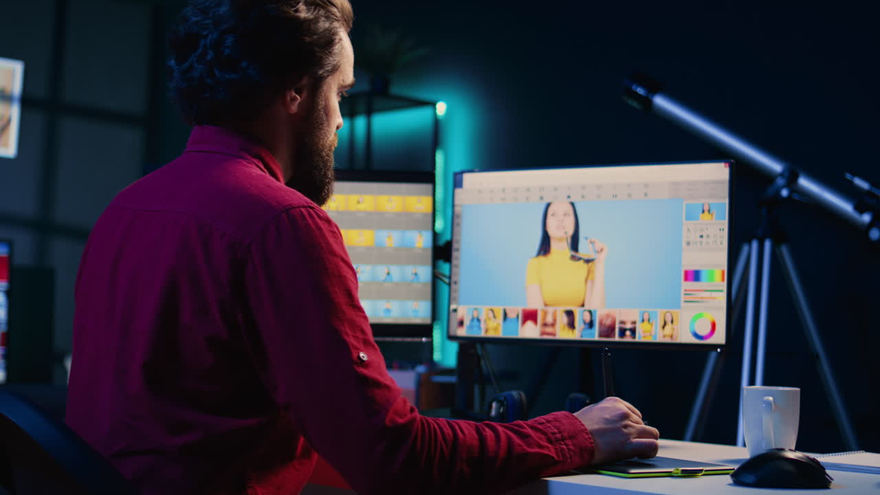 freelancer usando el programa de retoque en la tableta gráfica , panorámica de disparo
