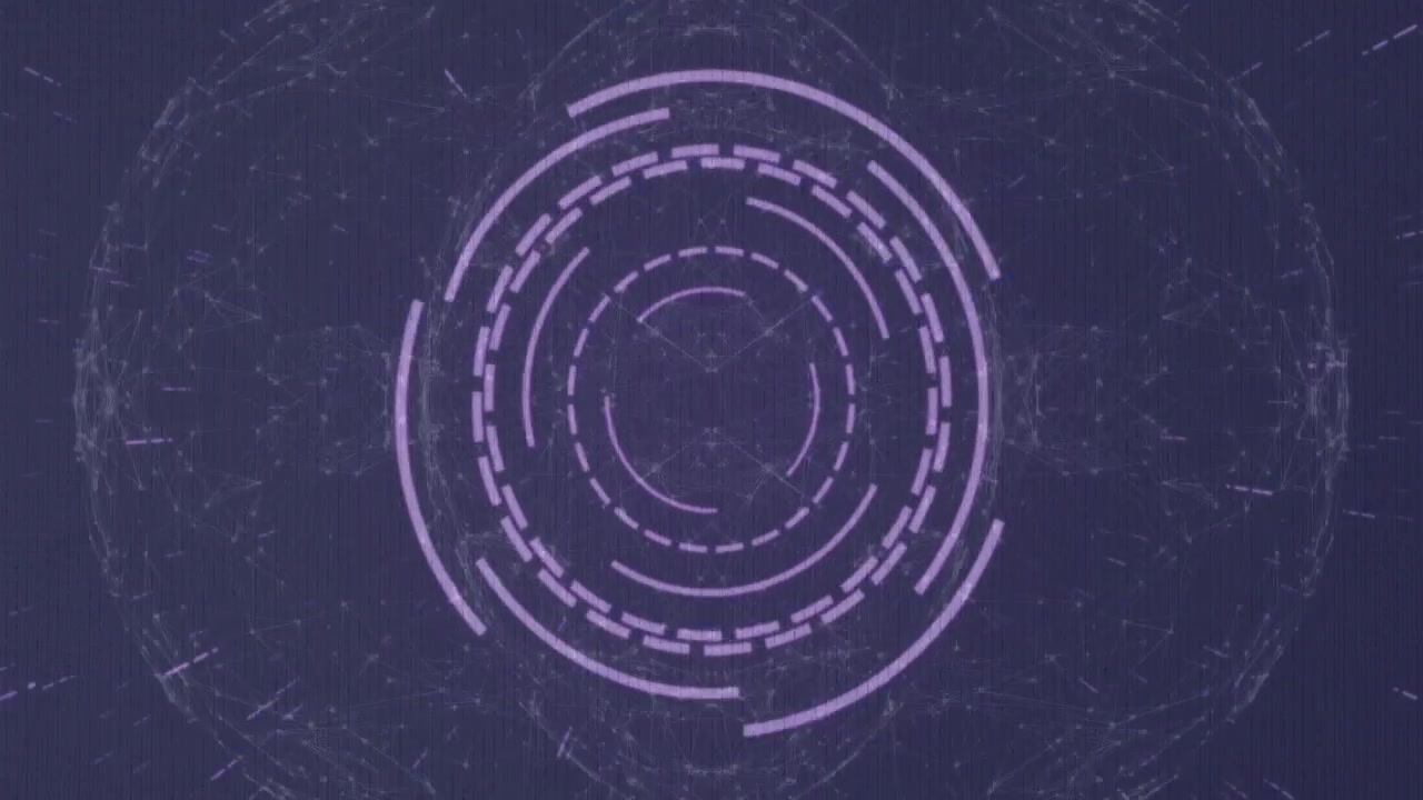dashed rings starting rotating, glitch bars passing, network emerging showing scanning interface