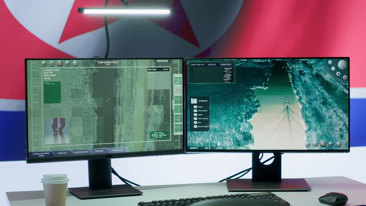 Dangerous army operations room presenting North Korea flag on big screen