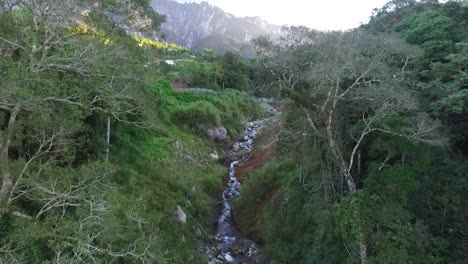 Drohnenaufnahmen-Vom-Mount-Kinabalu,-Der-Durch-Laub-Und-Bäche-Fliegt