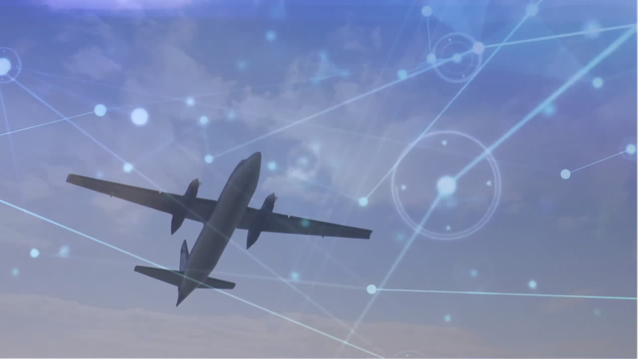하늘에 있는 비행기 위의 연결망의 애니메이션