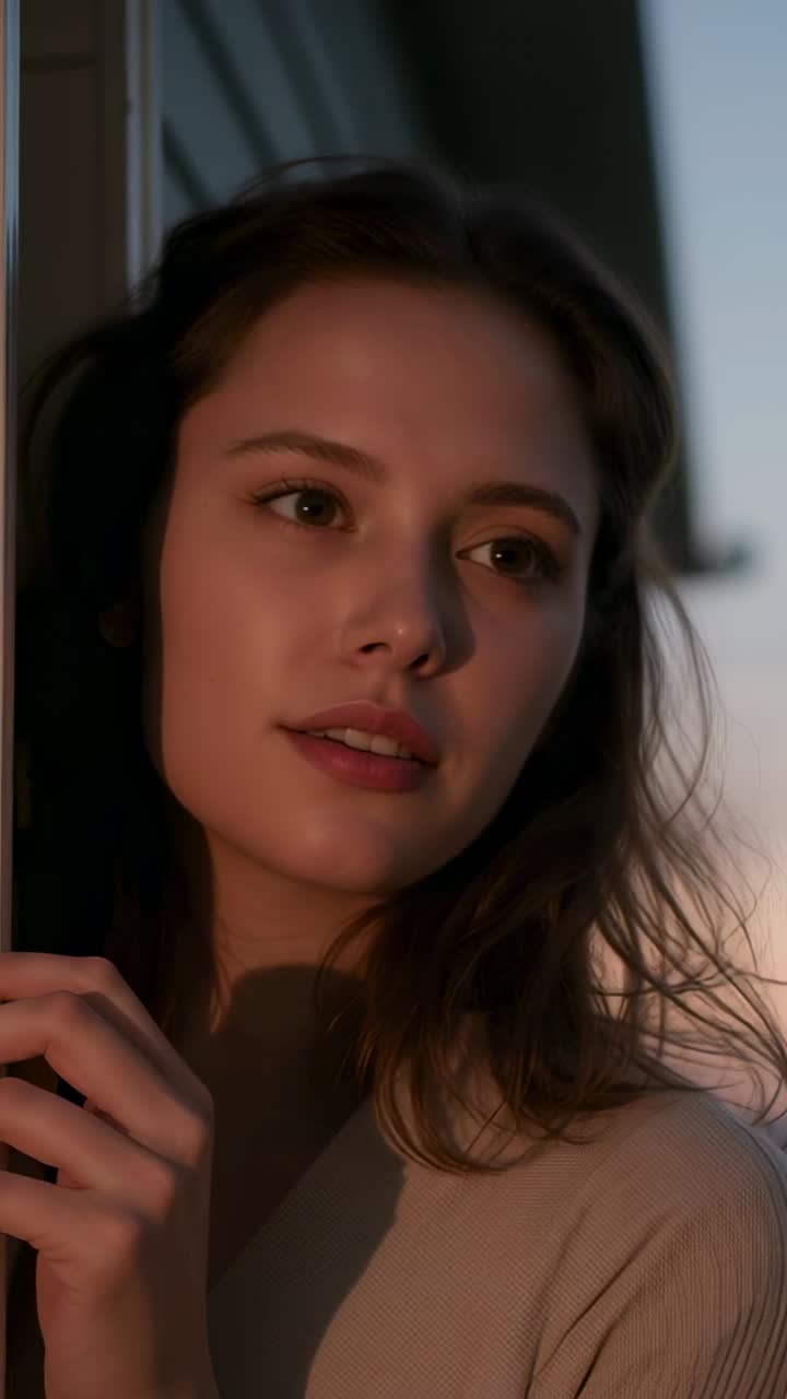 Vertical video: Peeking woman in beige top holding doorframe at balcony, shifting gaze toward dusk