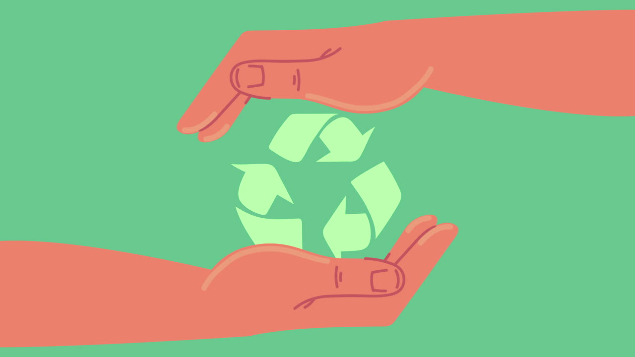 생태학 애니메이션: 손을 들어 올리는 재활용 화살표