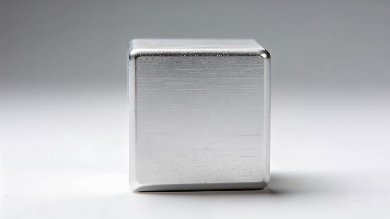 Rotating metallic cube reacting to camera reframing on white table, soft lighting to show finish
