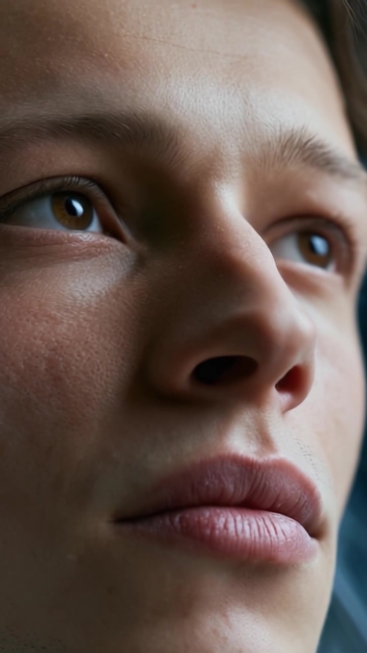 Captivating Close-Up of a Young Man's Expressive Face Highlighting Emotional Depth and Introspection Through Detail and Focus