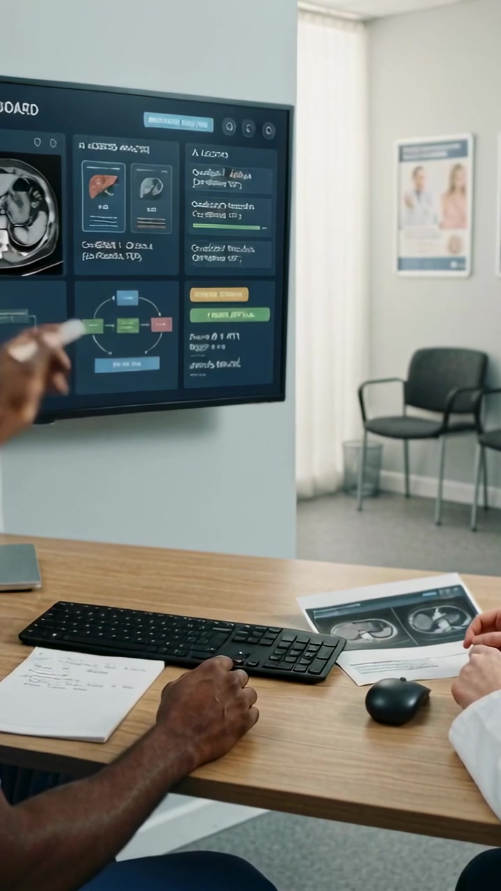 Vertical video: Pointing doc in coat explaining scans on clinic screen, patient reading paper scans