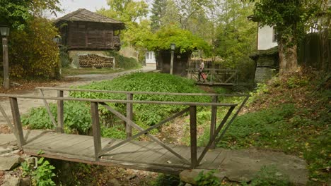 Frau-Mit-Gitarre-Rustikale-Holzsteg-Traditionelles-Dorf-Bulgarien