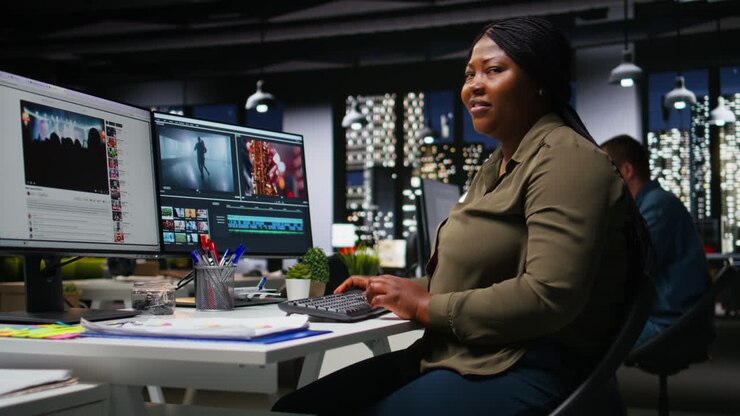 Female expert editor working in video production industry at agency office