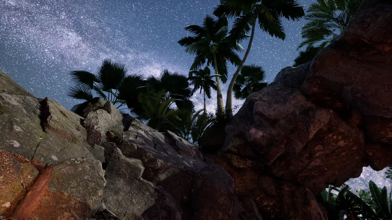 rutas estelares de hiperlapso de 4k sobre paredes y palmeras de cañones de piedra arenisca