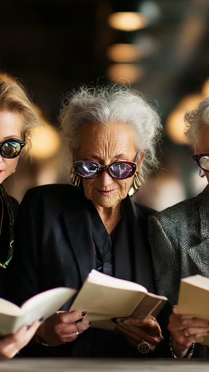 Three Stylish Women Engaged in Reading Together, Showcasing Unique Fashion and Joyful Companionship Amidst a Cozy Literary Setting