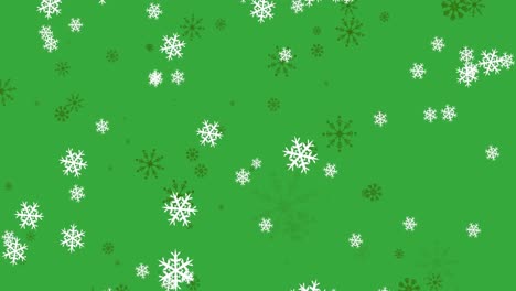 Animation-of-winter-scenery-with-snowflakes-falling-on-green-background