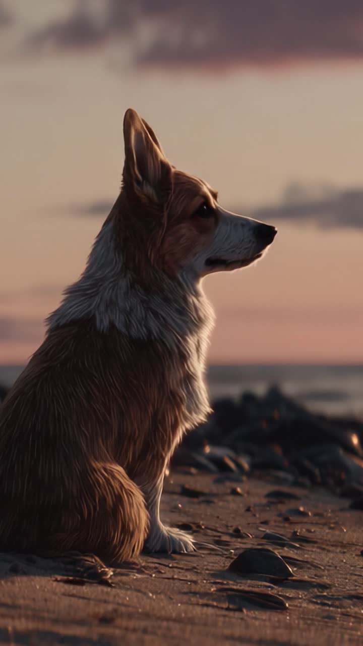 Ein majestätischer Corgi betrachtet den Sonnenuntergang an einem ruhigen Strand und fängt die Schönheit der Natur sowie die Verbindung zwischen Haustieren und ihrer Umgebung ein.