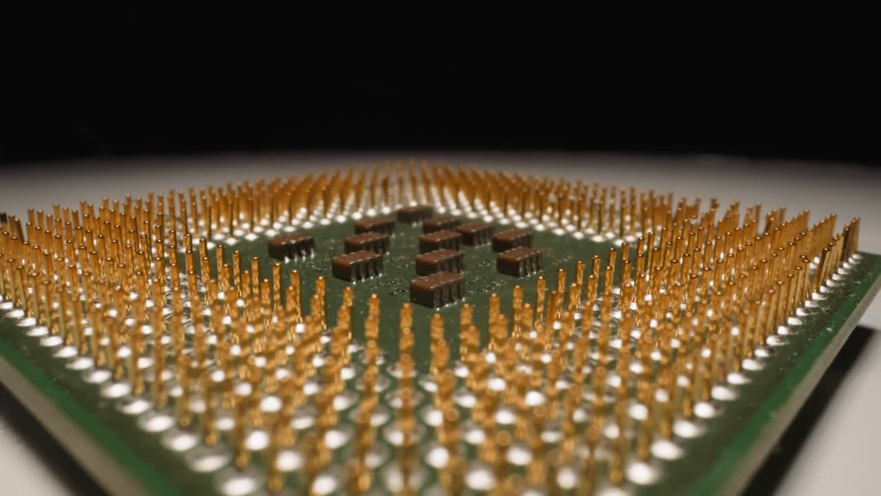 Modern CPU with connection pins on table on black background