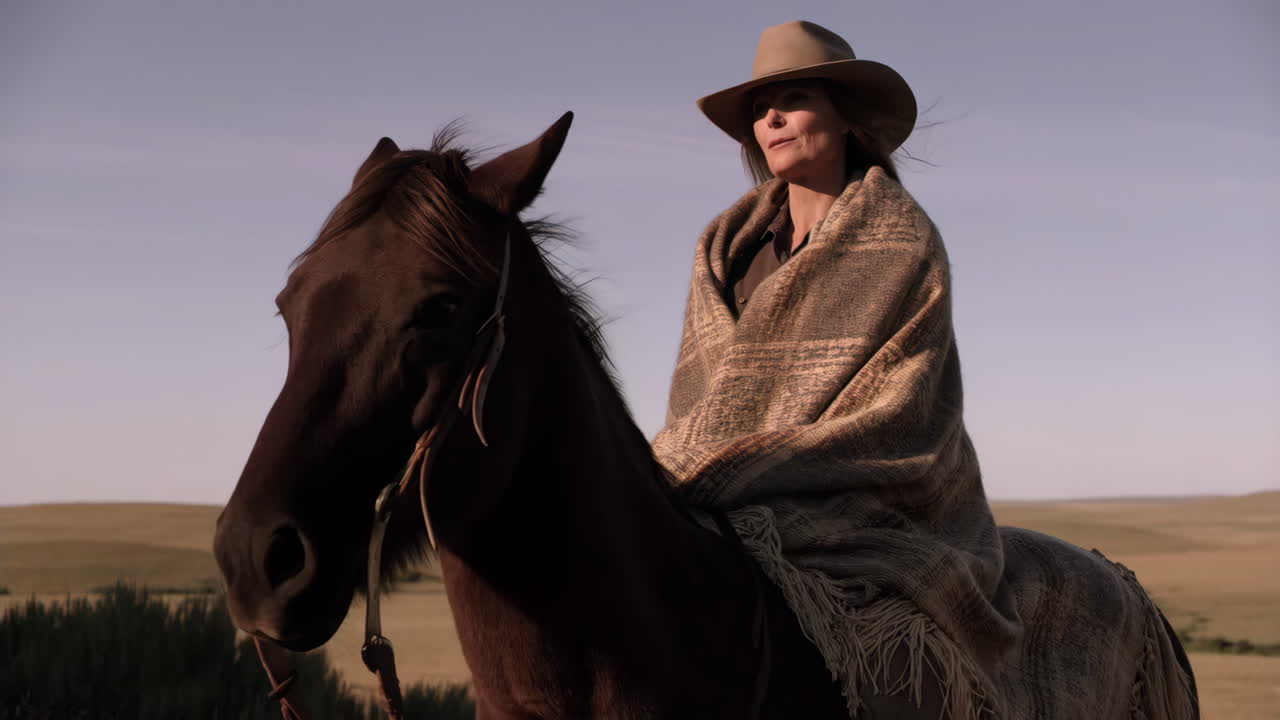 Woman riding a horse in a rural landscape