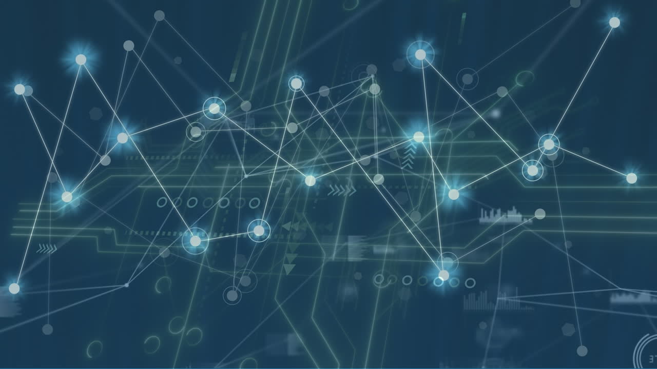 Animation of network of connections with lights and motherboard in navy digital space