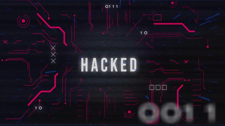 Hacked text animation over binary code and glitch effects on dark background