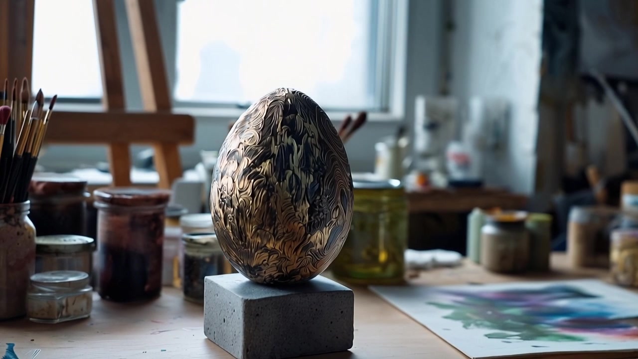 Huevo dorado y negro ornamentado exhibido en el estudio de un artista