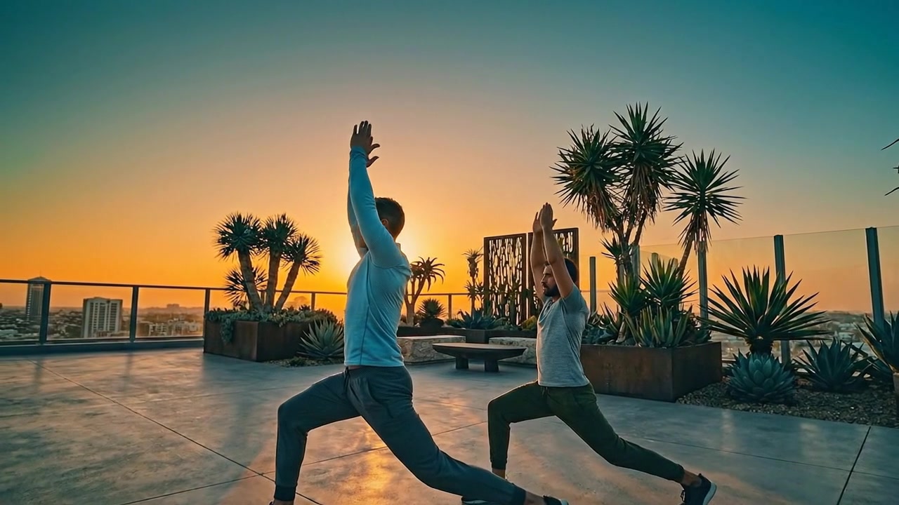 Gün batımında tropikal okyanus manzaralı yoga seansı