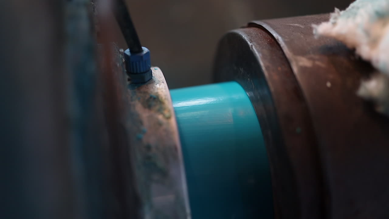 Close-up machinery manufactures blue PVC water pipe by extrusion