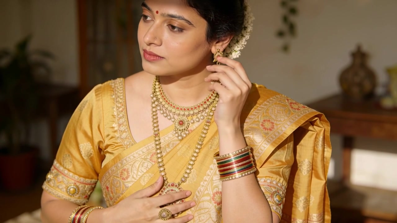 Donna in sari che sistema orecchini jhumka, disponendo collane a casa, preparandosi per un rituale.