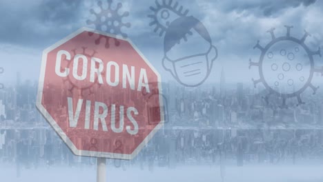 Animation-Von-Covid-19-Symbolen,-Die-über-Dem-Text-Des-Corona-Virus-Auf-Stoppschild-Und-Stadtbild-Schweben