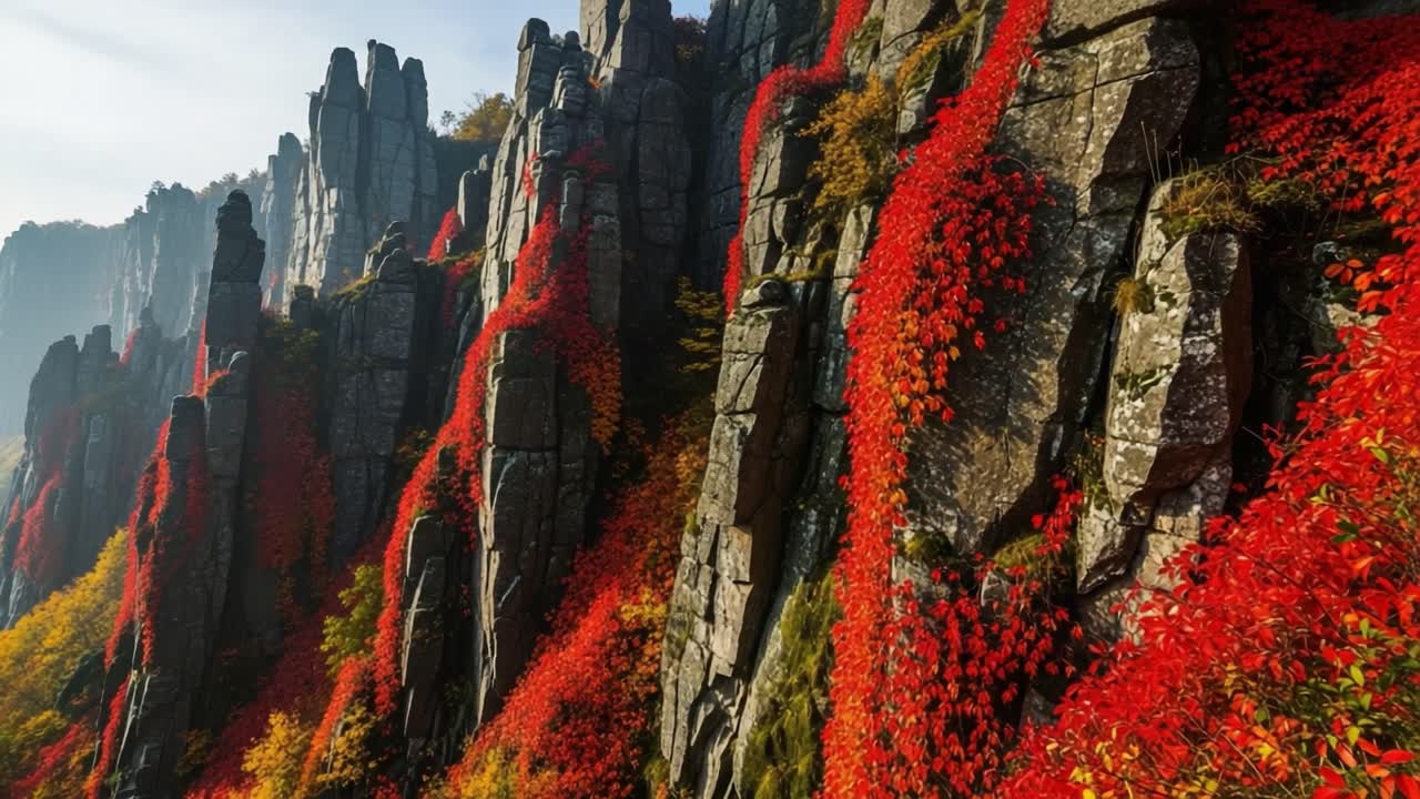 Breathtaking Autumn Landscape: Vibrant Red and Orange Vines Clinging to Rugged Cliffs Surrounded by Majestic Rock Formations Under a Clear Sky