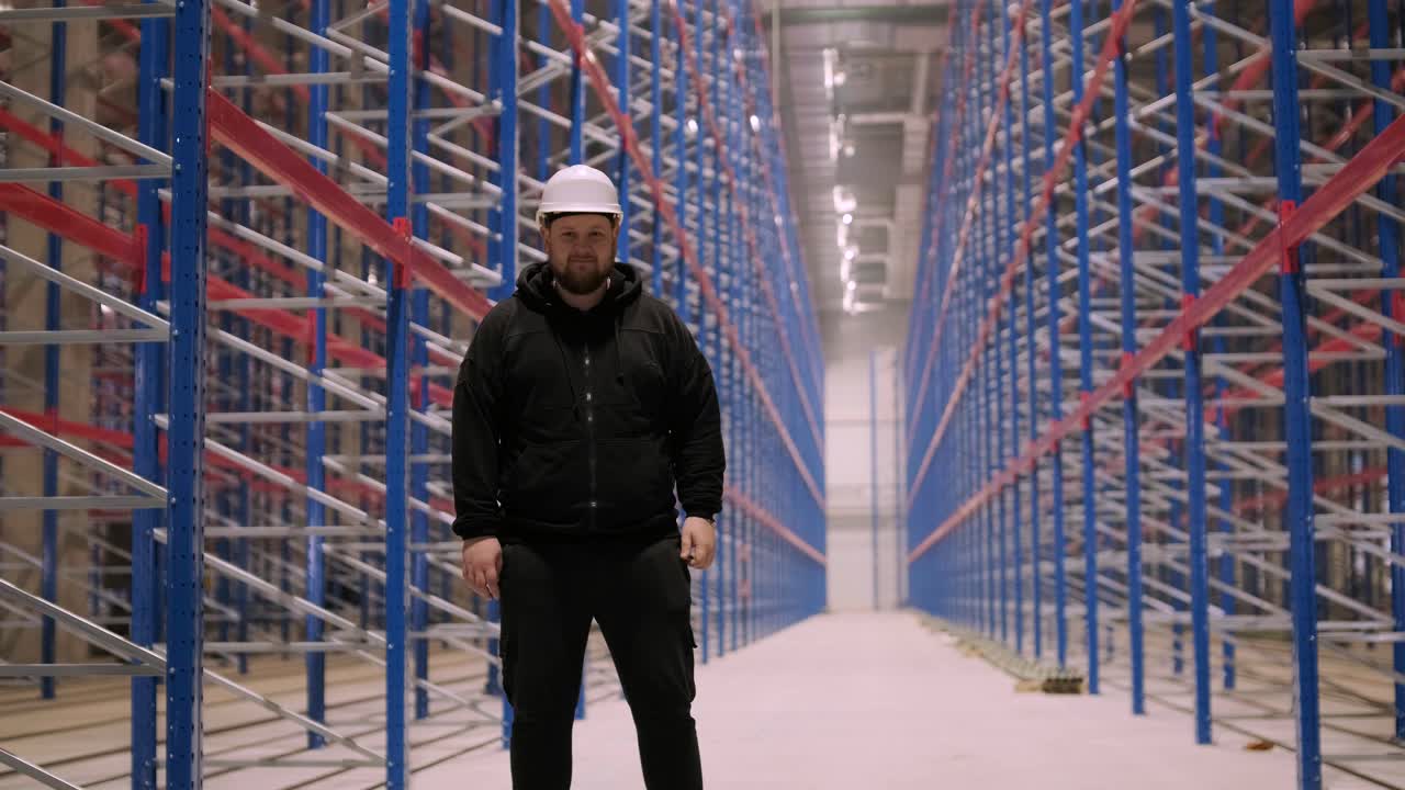 Big and modern warehouse under construction, featuring metal shelving and other industrial equipment.