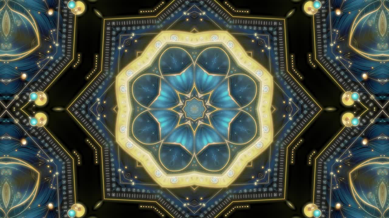 An elegant, jeweled mandala with Art Deco-style patterns in shimmering teal and gold. This 30-sec seamless loop is perfect for luxury branding and sophisticated social media visuals. 9:16 format