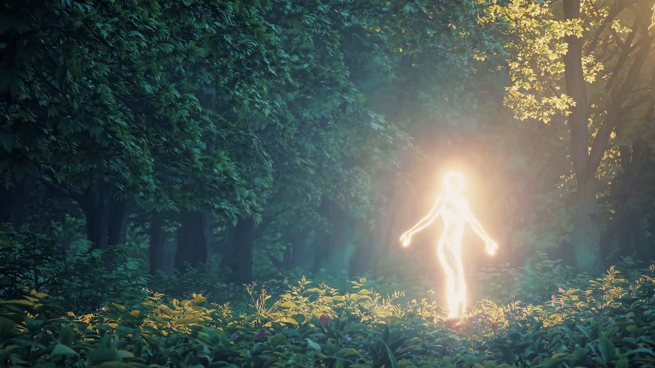 A glowing human figure stands in a forest, arms outstretched, bathed in sunlight