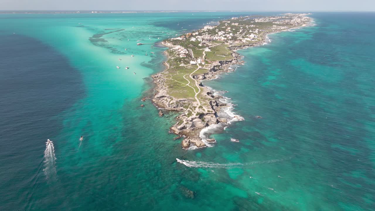 isla mujeres의 높은 공중, 멕시코 헬리콥터 보기