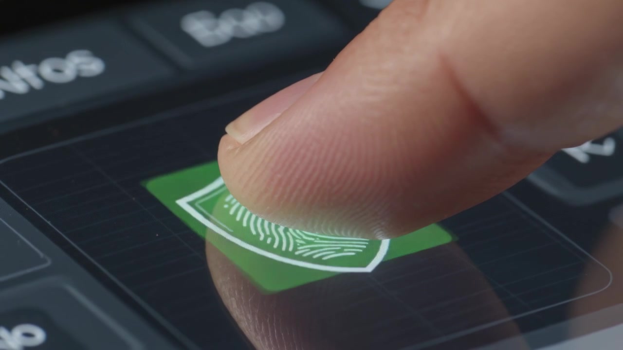Moving user fingertip aligning and pressing shield icon on glass touch panel, granting access