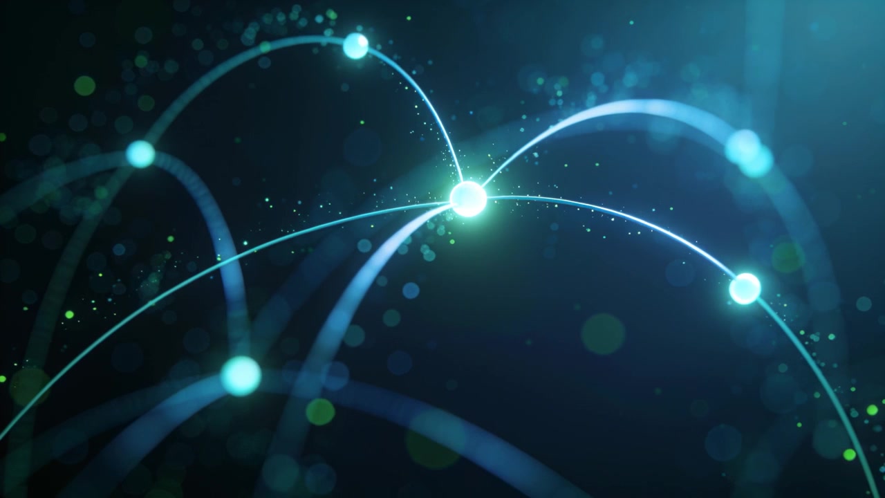 Pulsing central node sending signals along arcs through nodes in teal field, showing data and beam