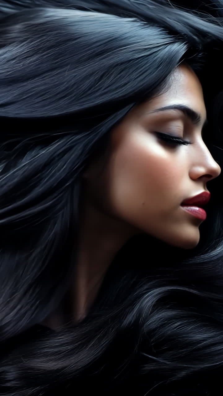 A woman with long dark hair is shown in a close up. The hair is very long and is almost touching the ground. The woman's face is also shown, but it is not the main focus of the image