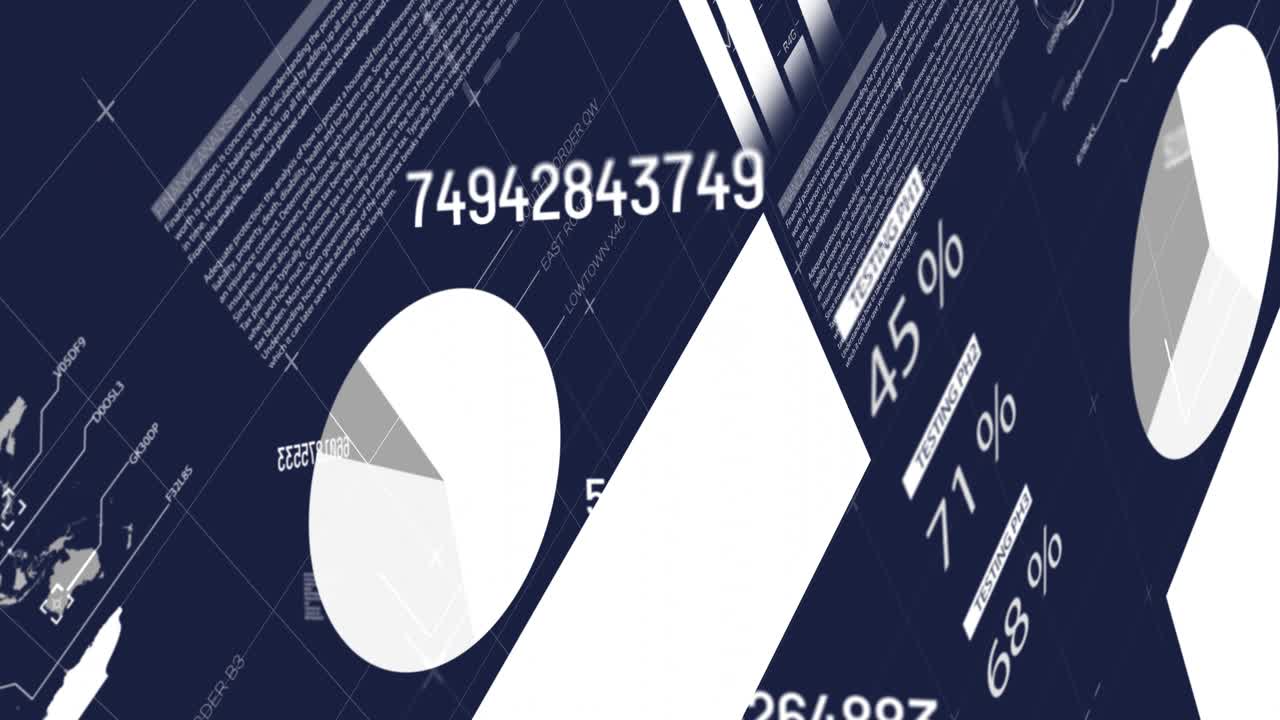 Dark-blue panel sliding in starting numbers morphing and charts shifting showing market insights