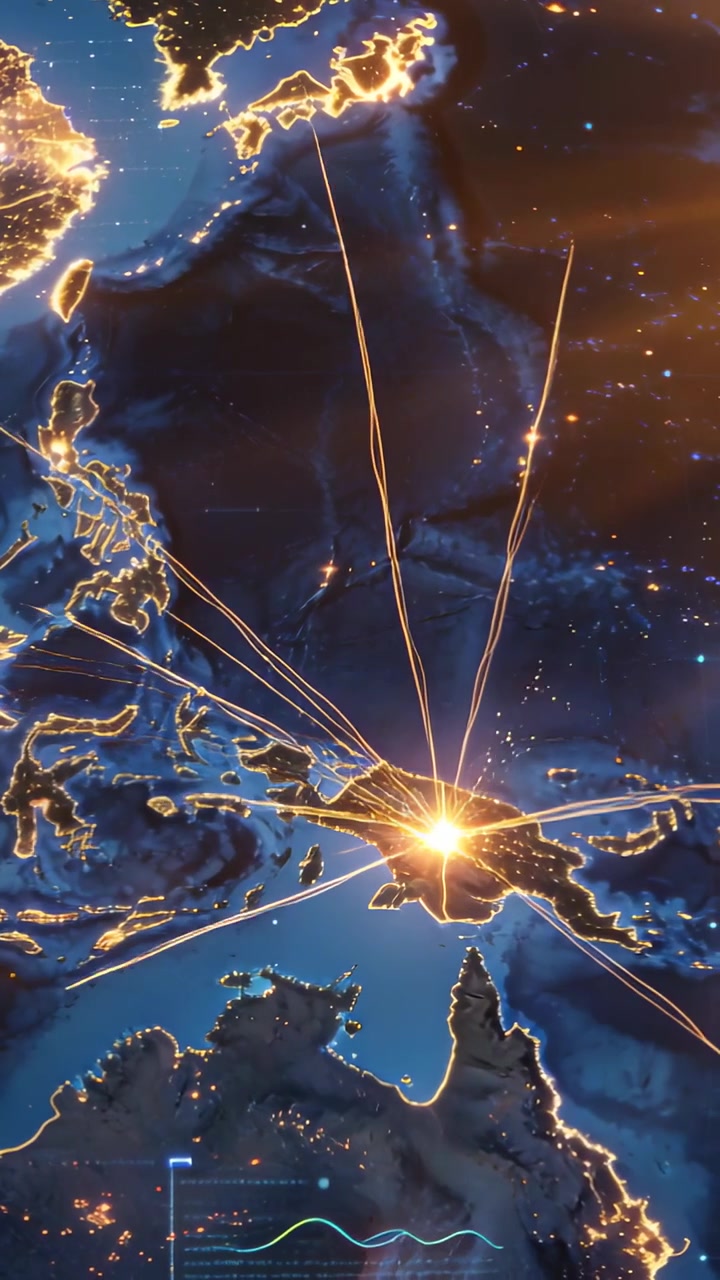 Vertical video: Appearing light on New Guinea activating hub, sending arcs across western Pacific