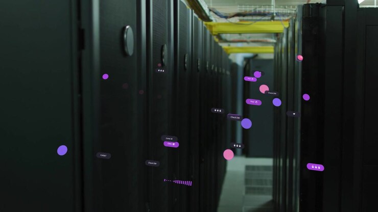 Datastrøm starter, servergang viser animerede lilla noder og etiketter, der flyder til overvågning.