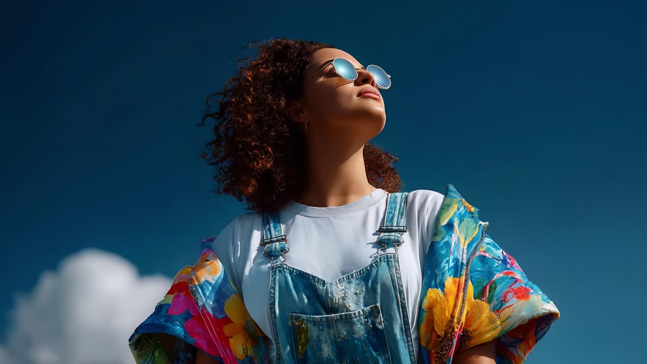 A confident young woman standing outdoors, gazing upwards towards the bright blue sky, showcasing a vibrant floral outfit accentuated by stylish sunglasses and natural curls