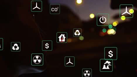 Animation-Eines-Symbols-In-Quadraten-über-Einer-Nahaufnahme-Einer-Gemischtrassigen-Frau,-Die-Durch-Die-Windschutzscheibe-Eines-Autos-Schaut