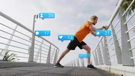 stretching on bridge, man with social media notifications animation overlaid