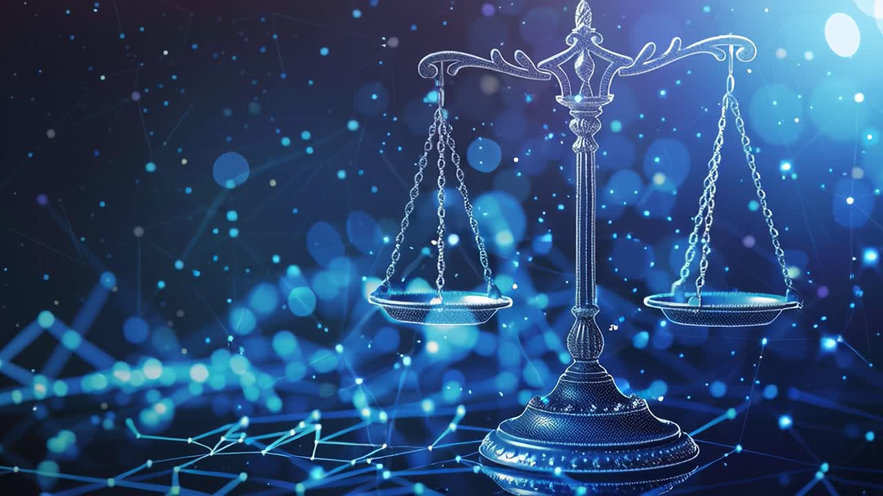 Balancing scales of justice symbolizing law, equality, and legal proceedings in a digital world