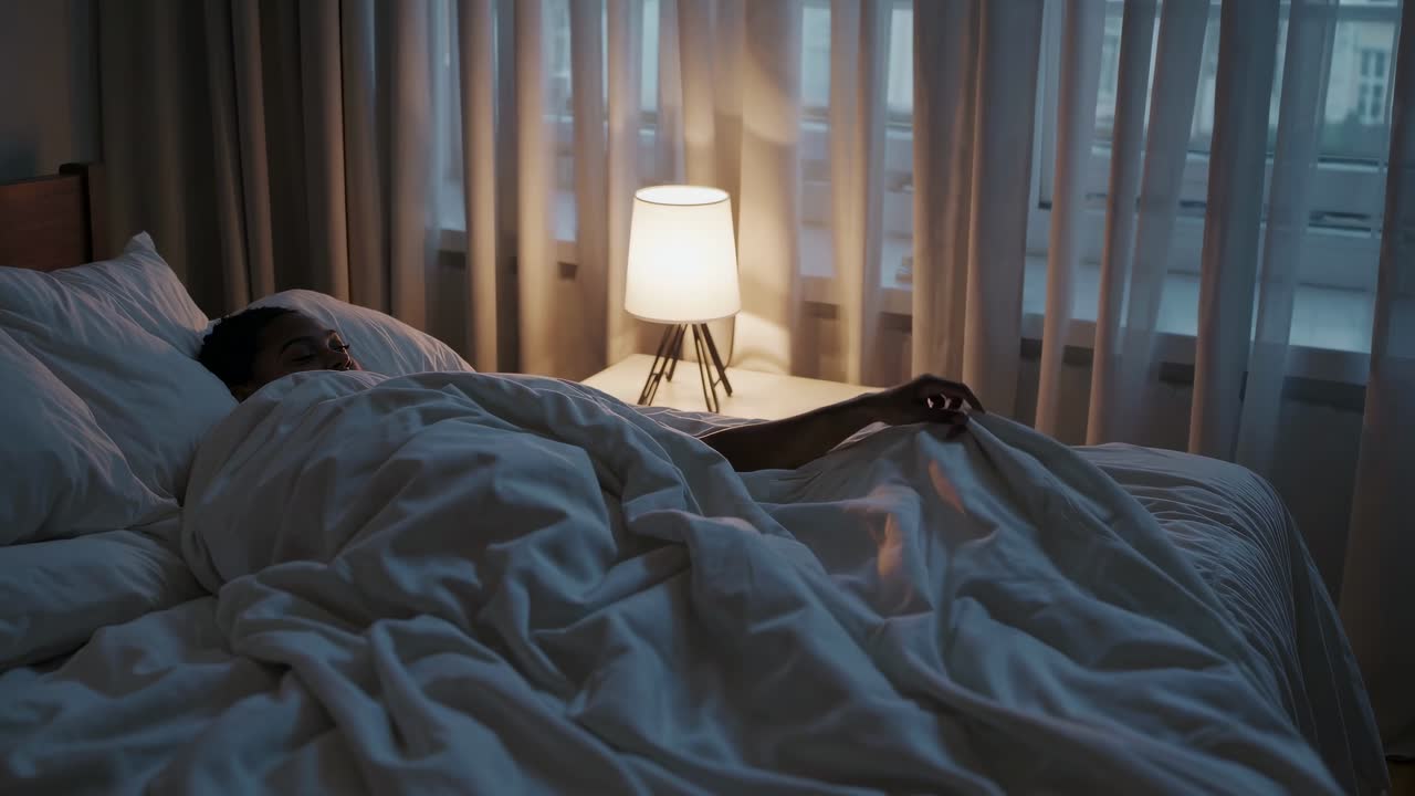 En fredfyldt soveværelsesscene med en person i seng, fanget fra en sidevinkel.