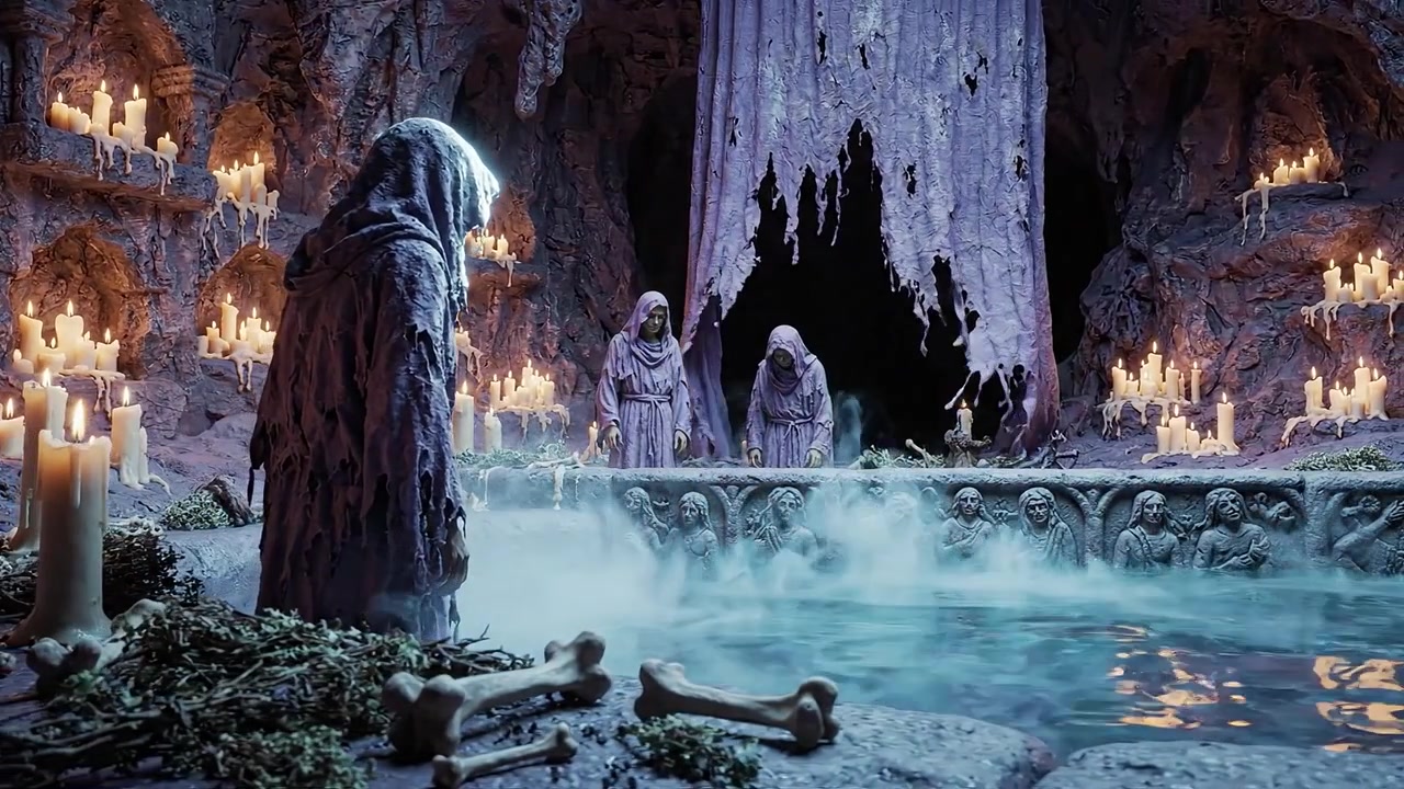 Rituale misterioso in una grotta incantata: figure enigmatiche si radunano attorno a una pozza luminosa tra candele e ombre inquietanti, accendendo un senso di presagio