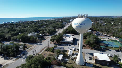 drone shot of bogue banks water tower in emerald isle north carolina