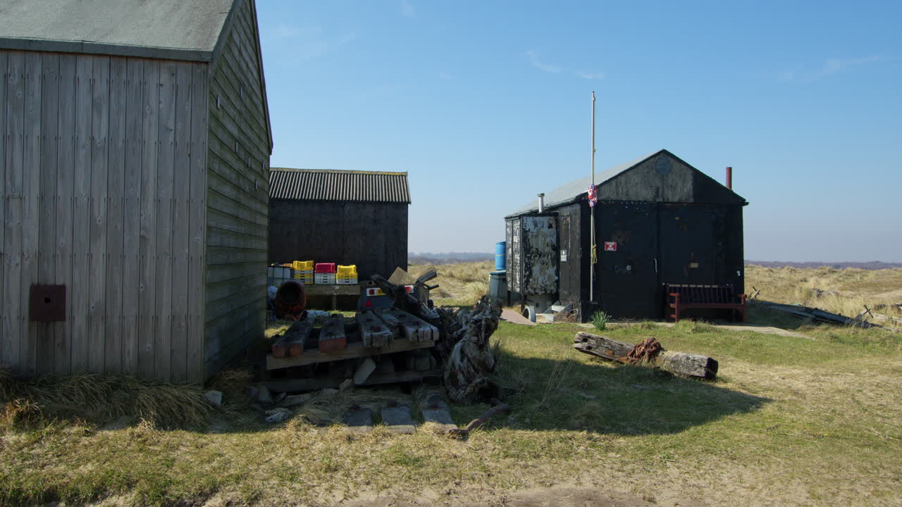Shot of fishing huts on winterton dunes next to Winterton on Sea,