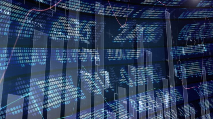 Animation of financial data processing over black background