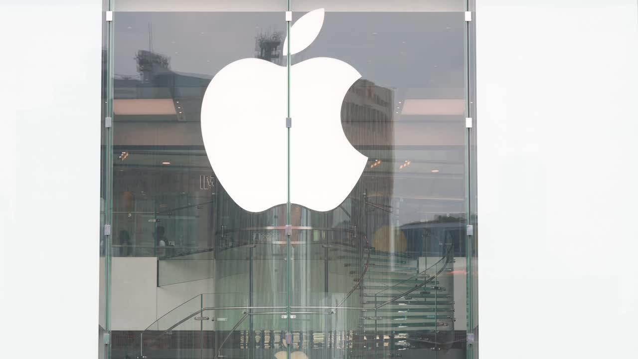 A view of the Apple Store, the American multinational technology company, with its logo prominently displayed.