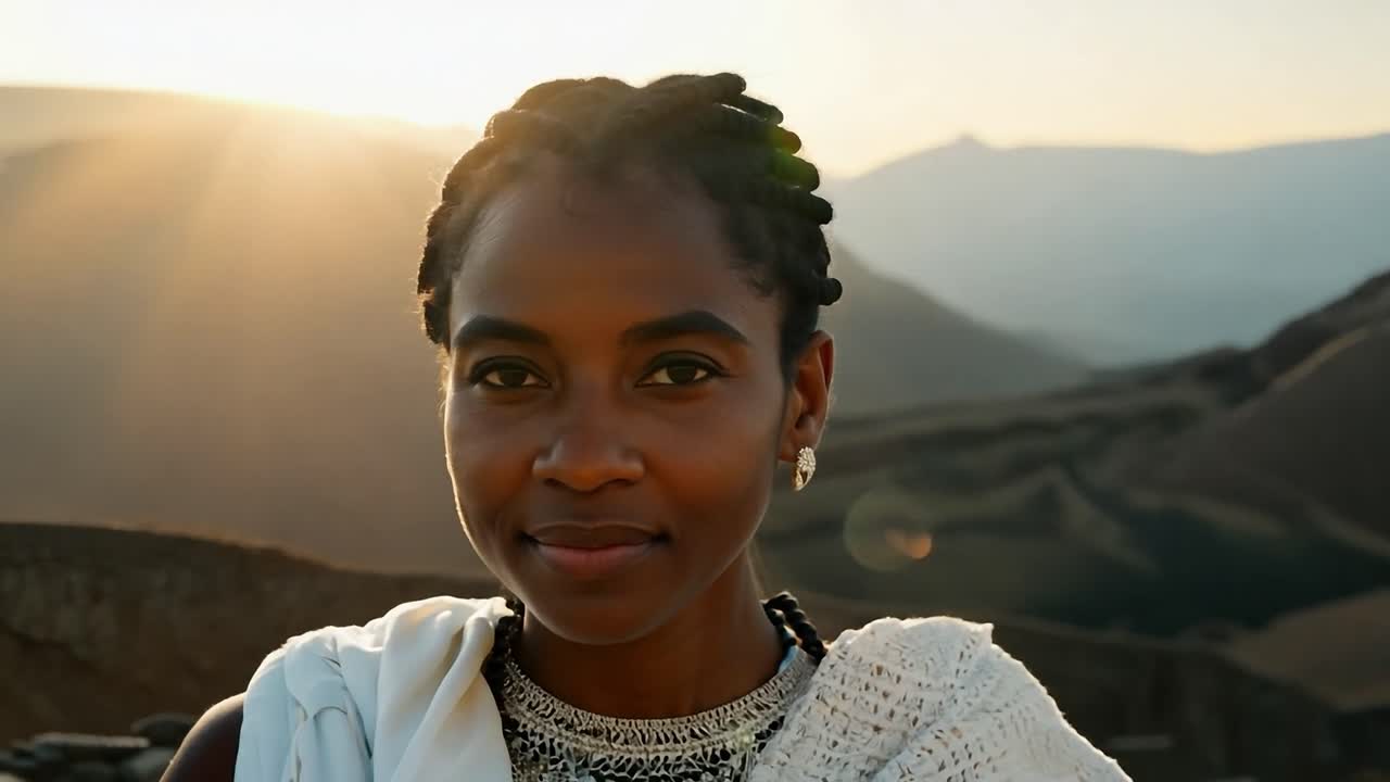 전통 의상을 입은 아름다운 아프리카 여성이 해가 지는 산의 배경으로 카메라를 향해 미소 짓고 있습니다.